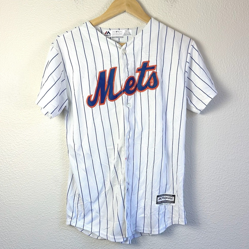 Y2K Majestic Mets Pinstripe Baseball Jersey Youth L White Good DeGrom 48 Classic